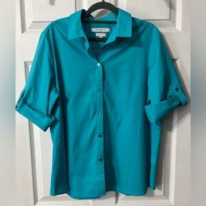 Foxcroft Shirt Size 14P Petite Wrinkle Free Button Up Blue 3/4 Roll Tab Sleeves